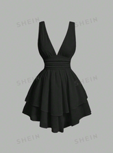 Solid Ruched Bust Two Layer Hem Dress